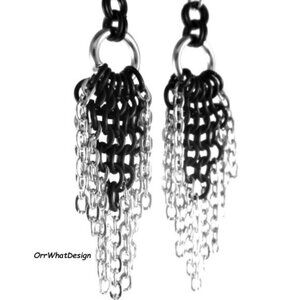 Earrings Black + Silver Chains Fringe Tassel Stylish Chain Link B Unique Chain
